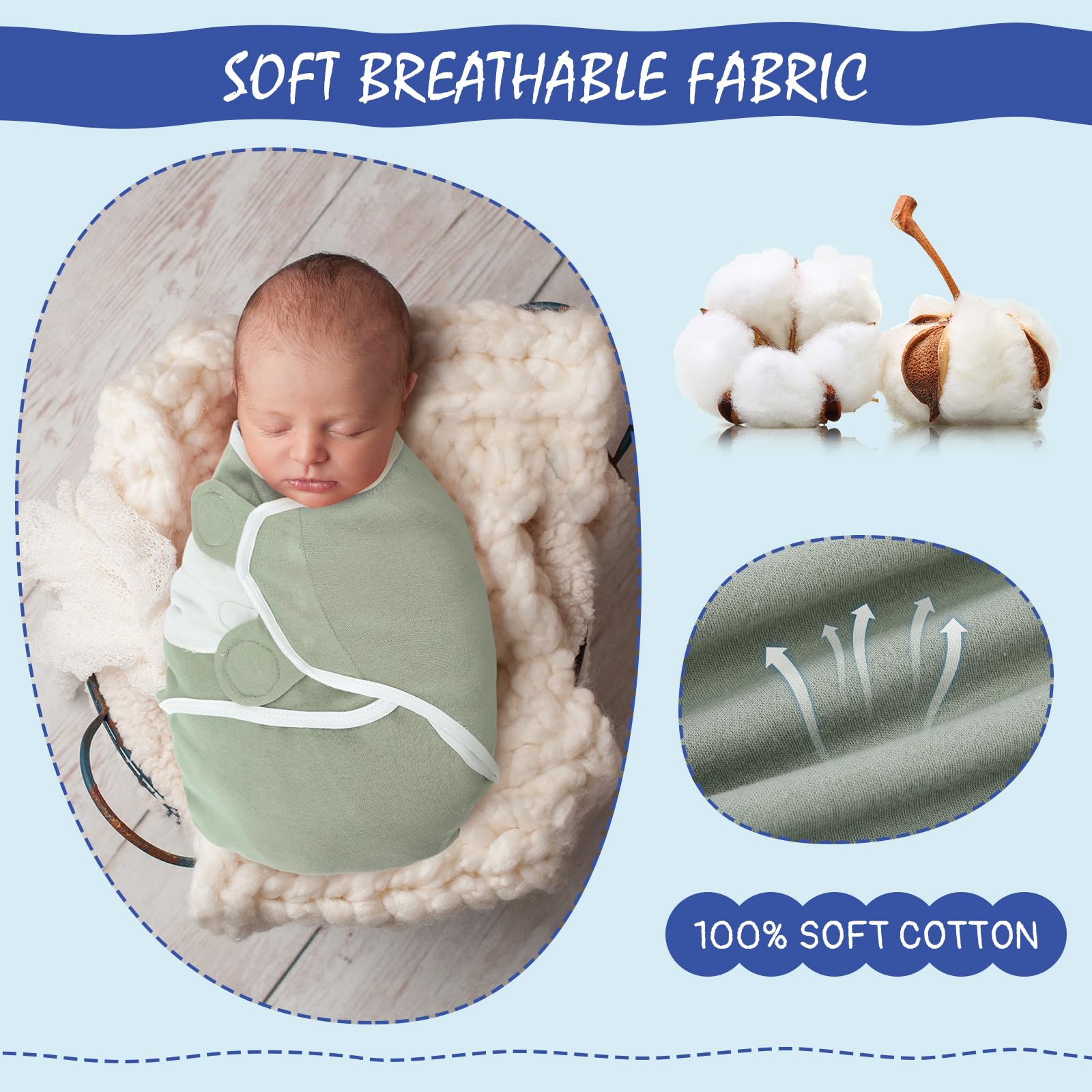 VitalCozy preemie swaddle green wrapped - snug adjustable fit for tiny babies