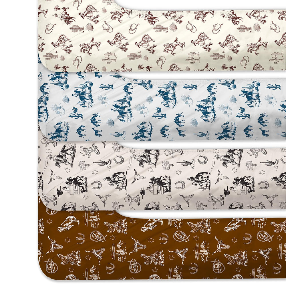 VitalCozy vintage western cowboy crib sheet set folded to reveal 90g polyester texture.