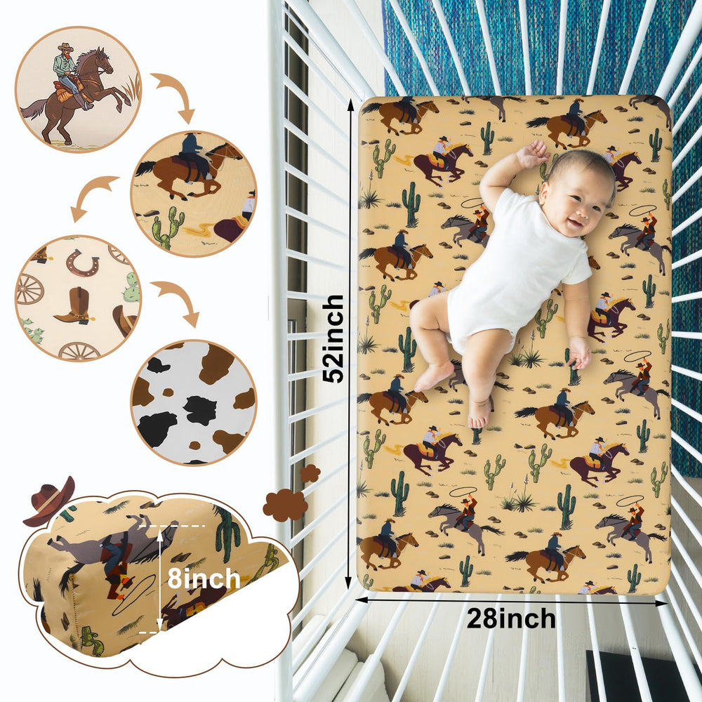 VitalCozy western cowboy crib sheet set folded beside a tidy nursery, highlighting classic color versatility