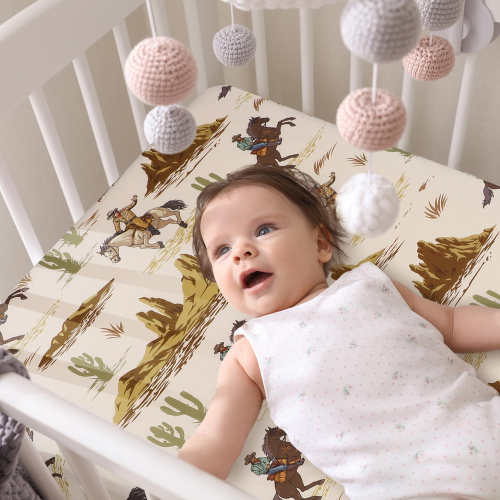 VitalCozy western cowboy crib sheet set displayed with color-matching sheets, showcasing vibrant, lasting color