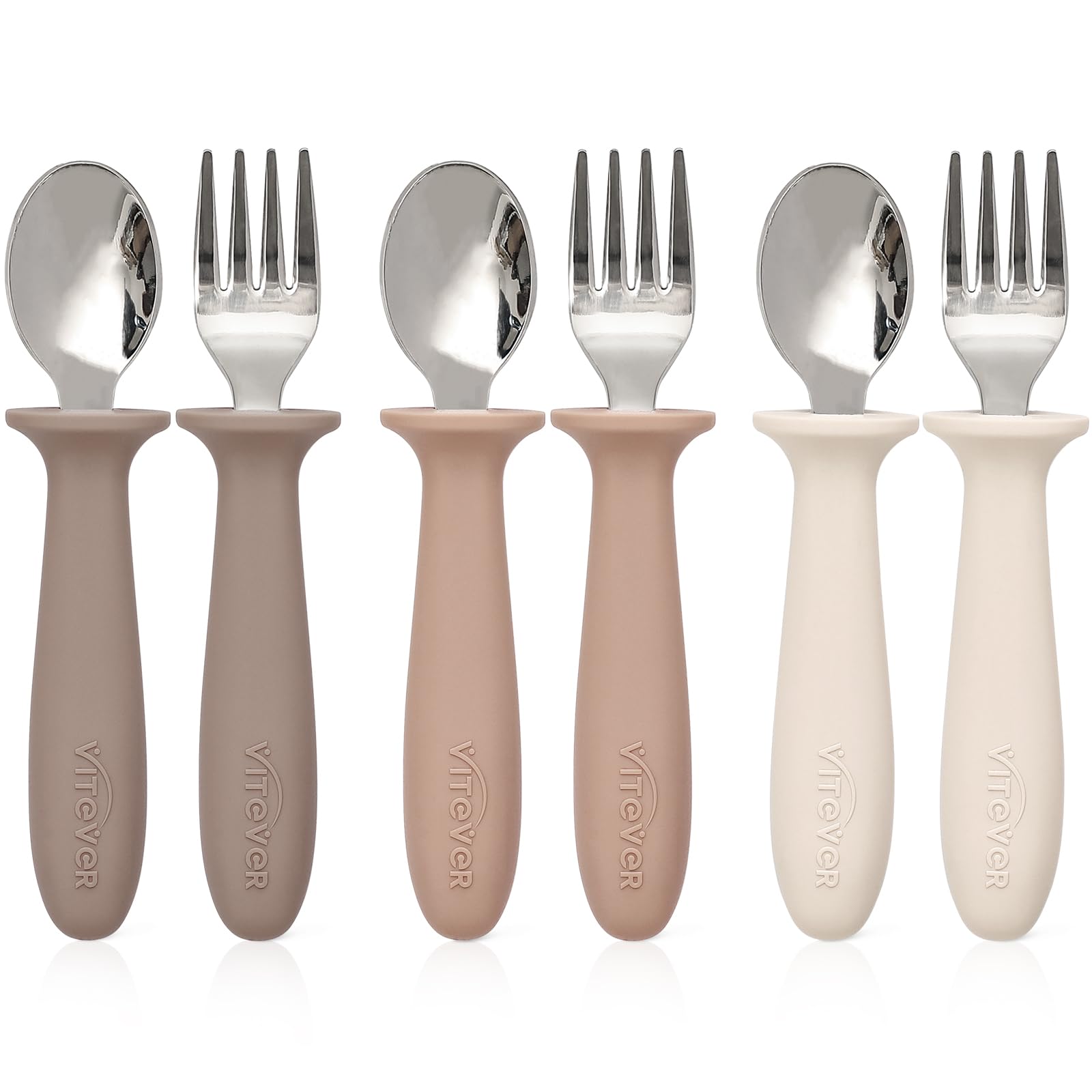 VITEVER 6-piece toddler utensils in tan for independent eating.