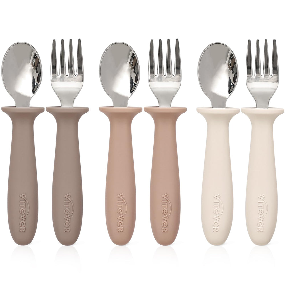 VITEVER 6-piece toddler utensils in tan for independent eating.