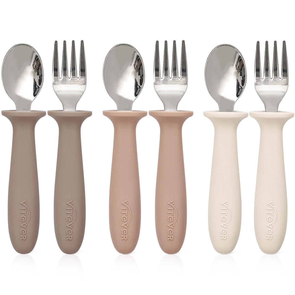 VITEVER 6-piece toddler utensils in tan for independent eating.