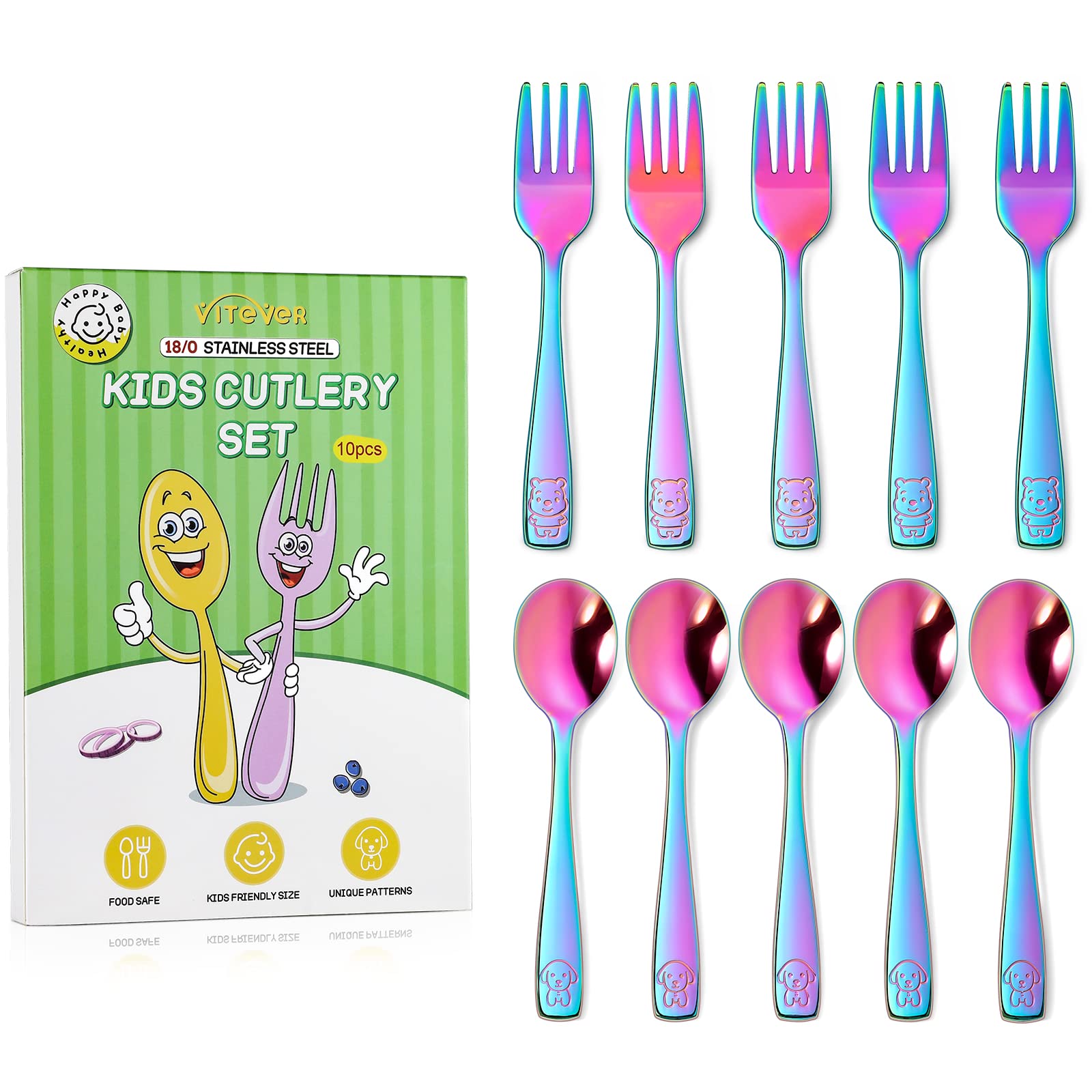 VITEVER rainbow toddler spoons for easy self-feeding and kid-friendly bites.