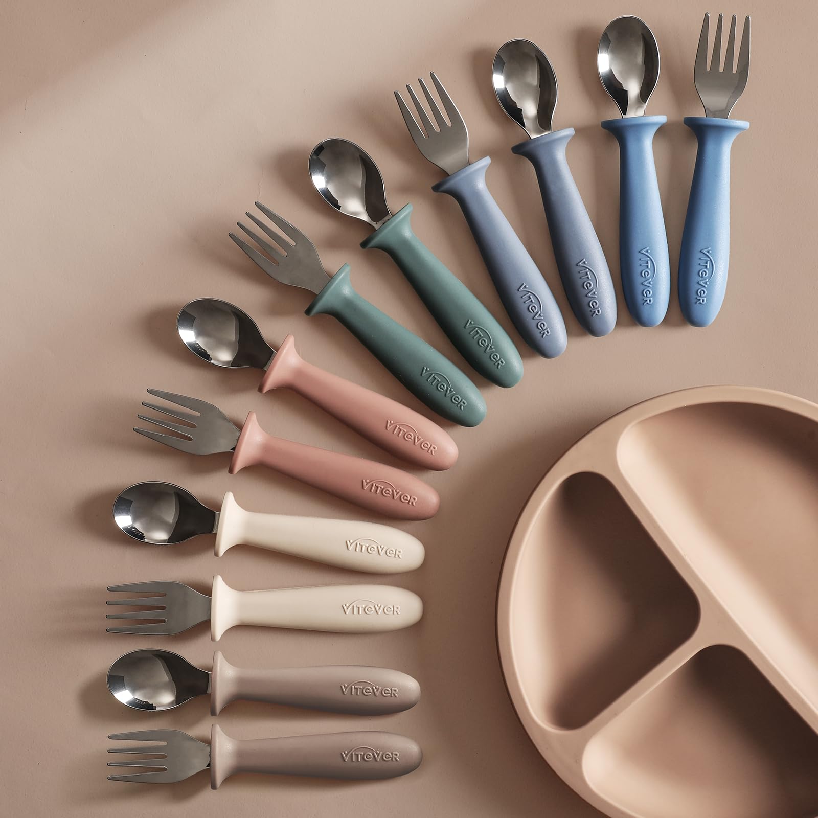 VITEVER toddler utensils in a mealtime setup promoting self-feeding.