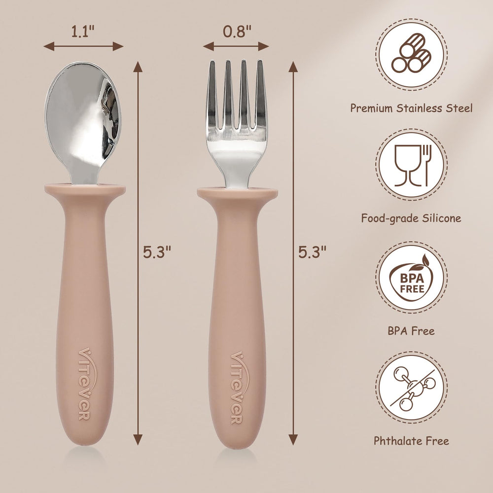 Close-up of VITEVER silicone handles on toddler utensils.