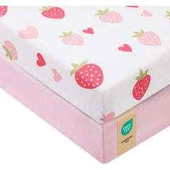 VivaCozy baby crib sheets with strawberry pink design offer soft bedtime comfort.