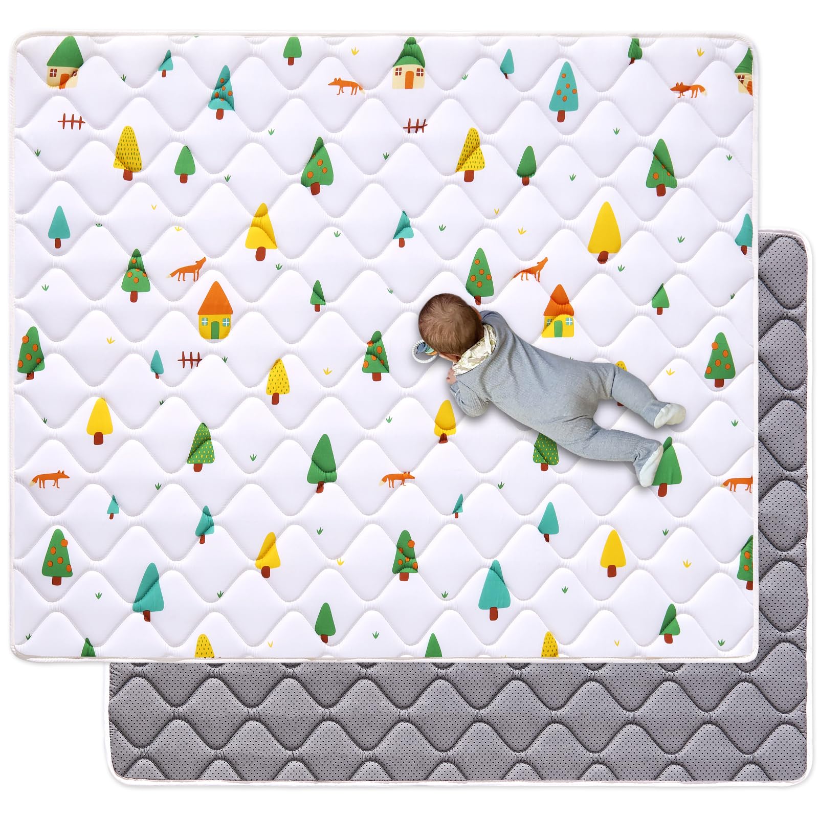 VIVIDVIBEBEARPAS odorless foam play mat closeup shows cushioned surface for gentle baby play.