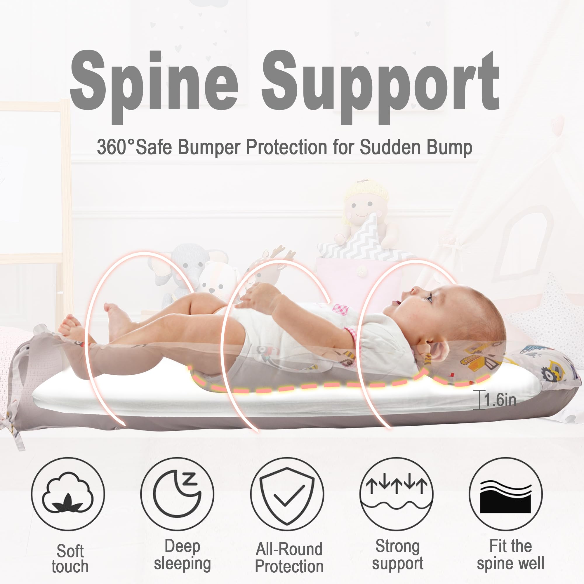 Viviland baby lounger-bumper-detail indicates plush 1.6-inch mattress support.