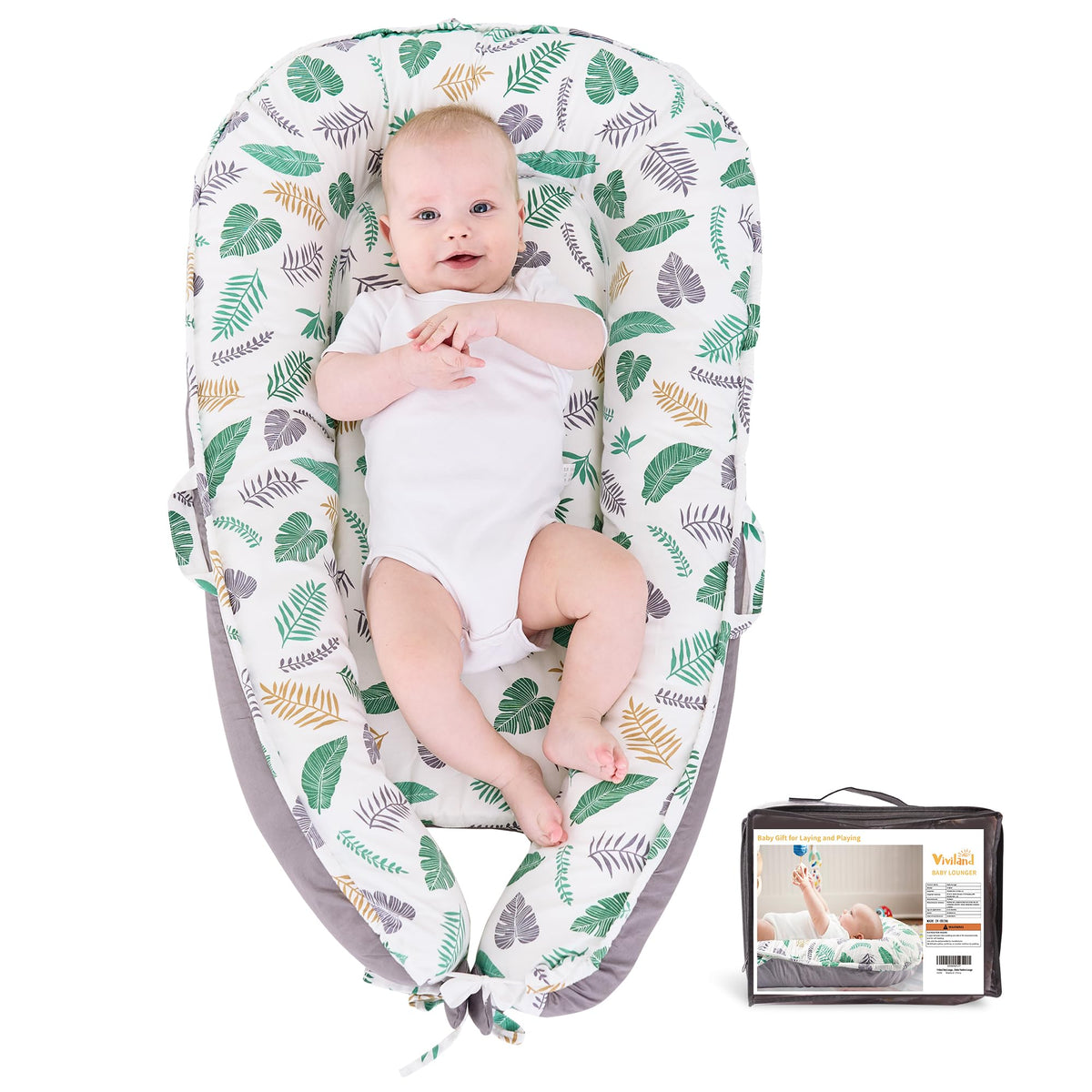 Viviland Baby Lounger Green Feather on floor shows cozy security.