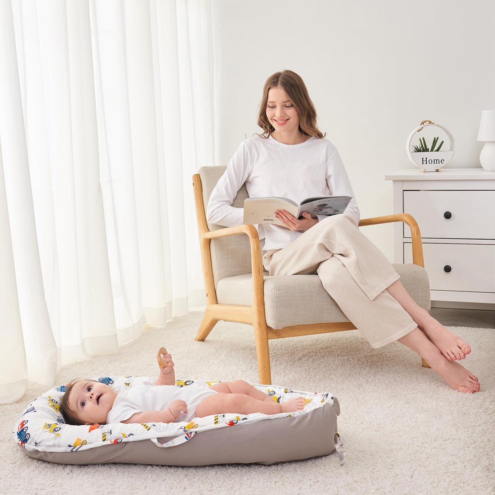 Viviland baby lounger-in-use-sofa demonstrates versatile home lounging.