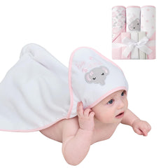 Viviland Elephant Flower hooded towel on baby for cozy drying.