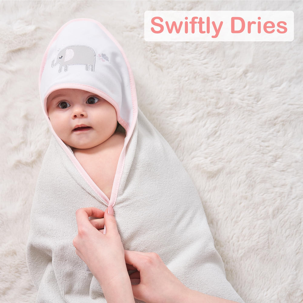Viviland elephant hooded towel on baby for comfortable drying
