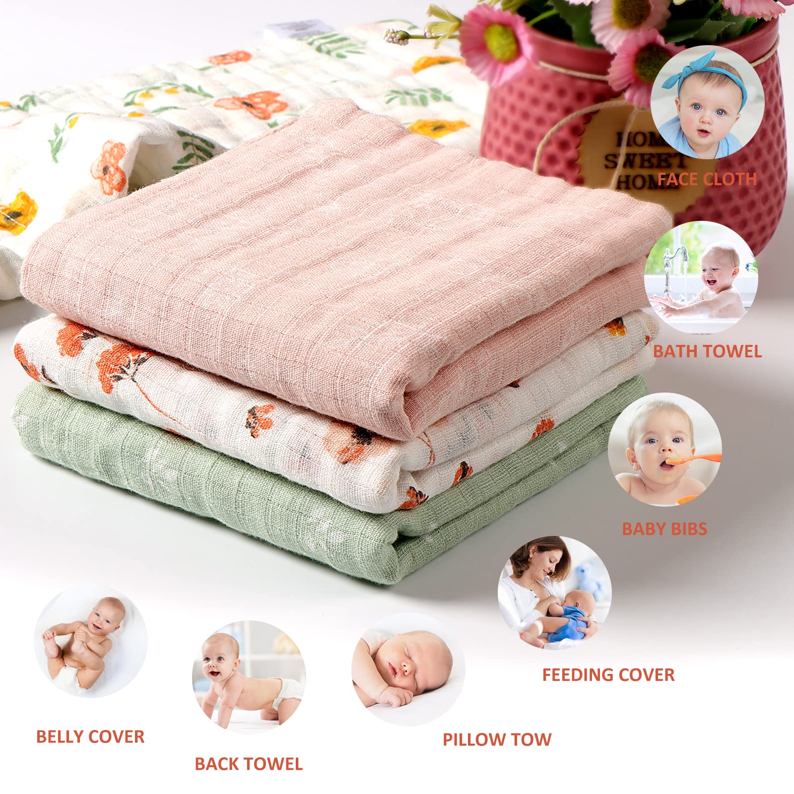 Viviland floral-pattern towels add colorful care moments for baby bath time routines.