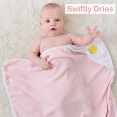 Viviland knit-binding hooded towel showing secure, cozy fit.