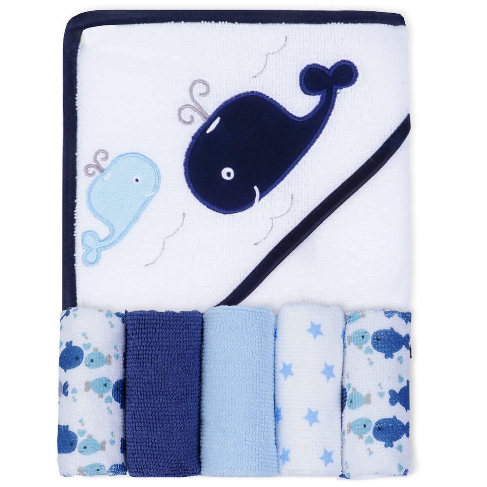 Viviland hooded whale towel with embroidery offers cozy drying for baby bath time.