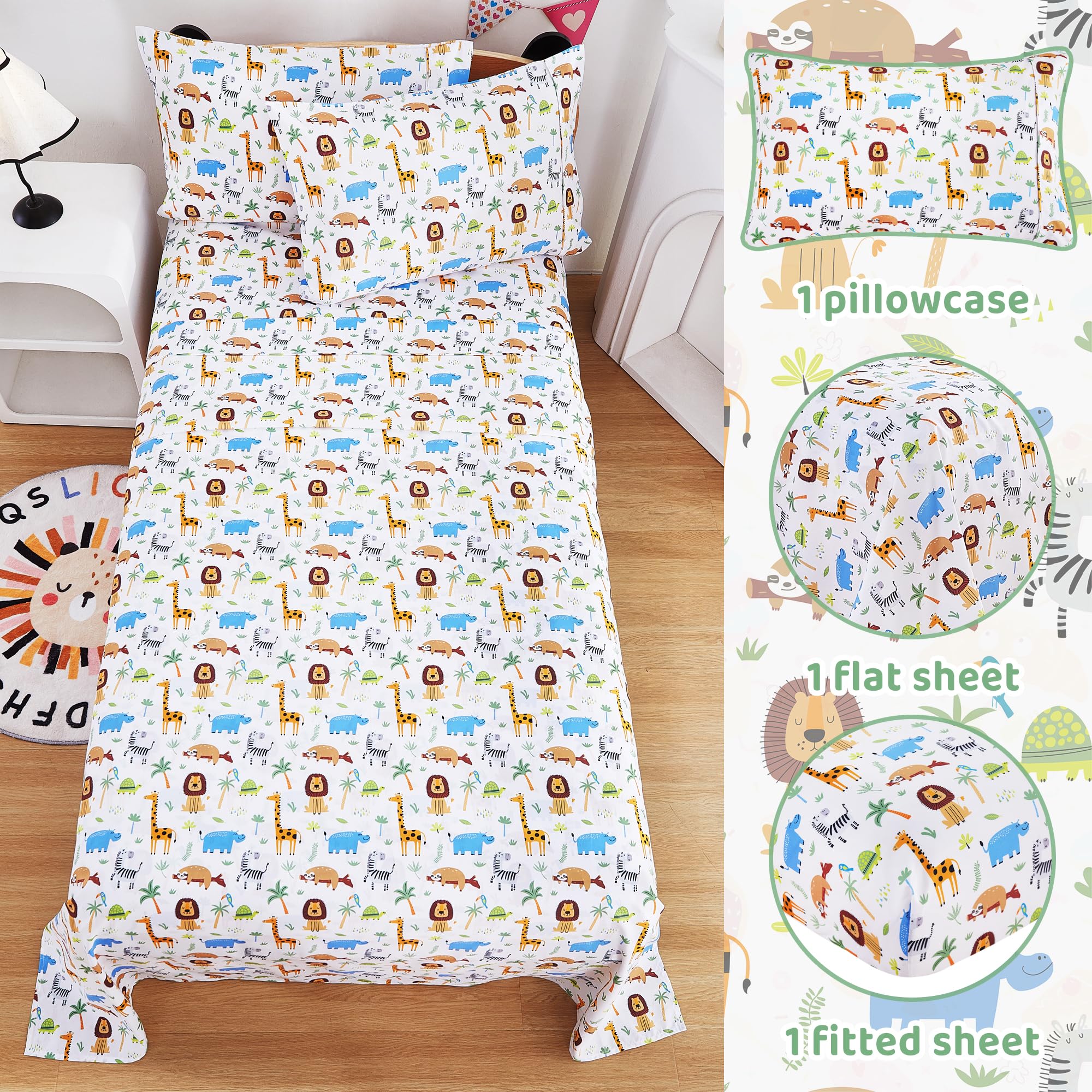 Viviland lion-elephant-print flat sheet closeup highlighting playful design.