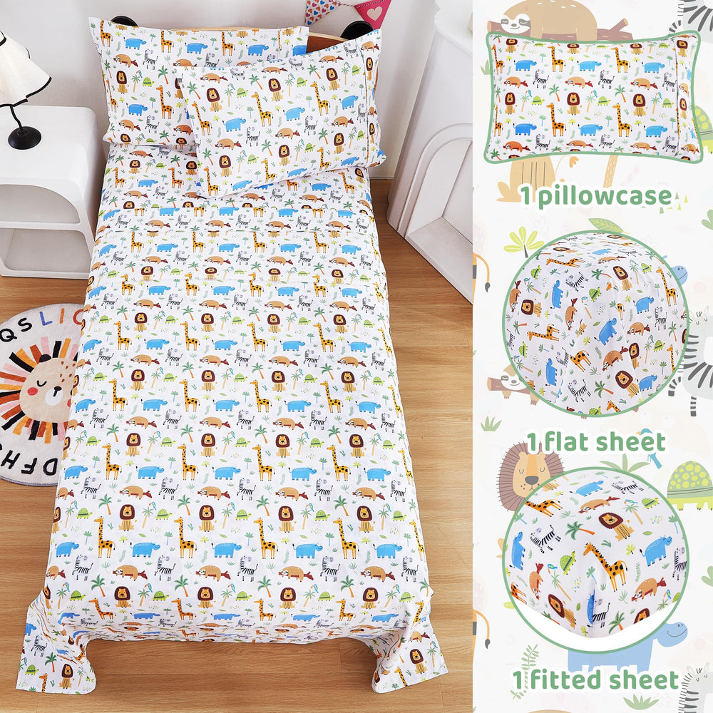 Viviland lion-elephant-print flat sheet closeup highlighting playful design.