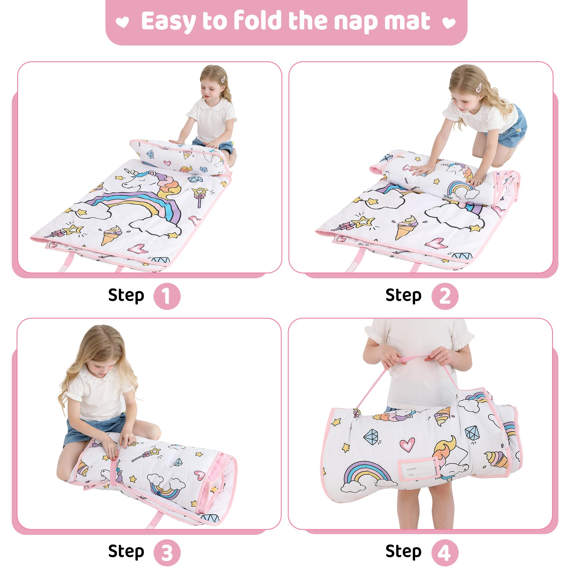 Viviland nap mat includes built-in name tag for quick identification.