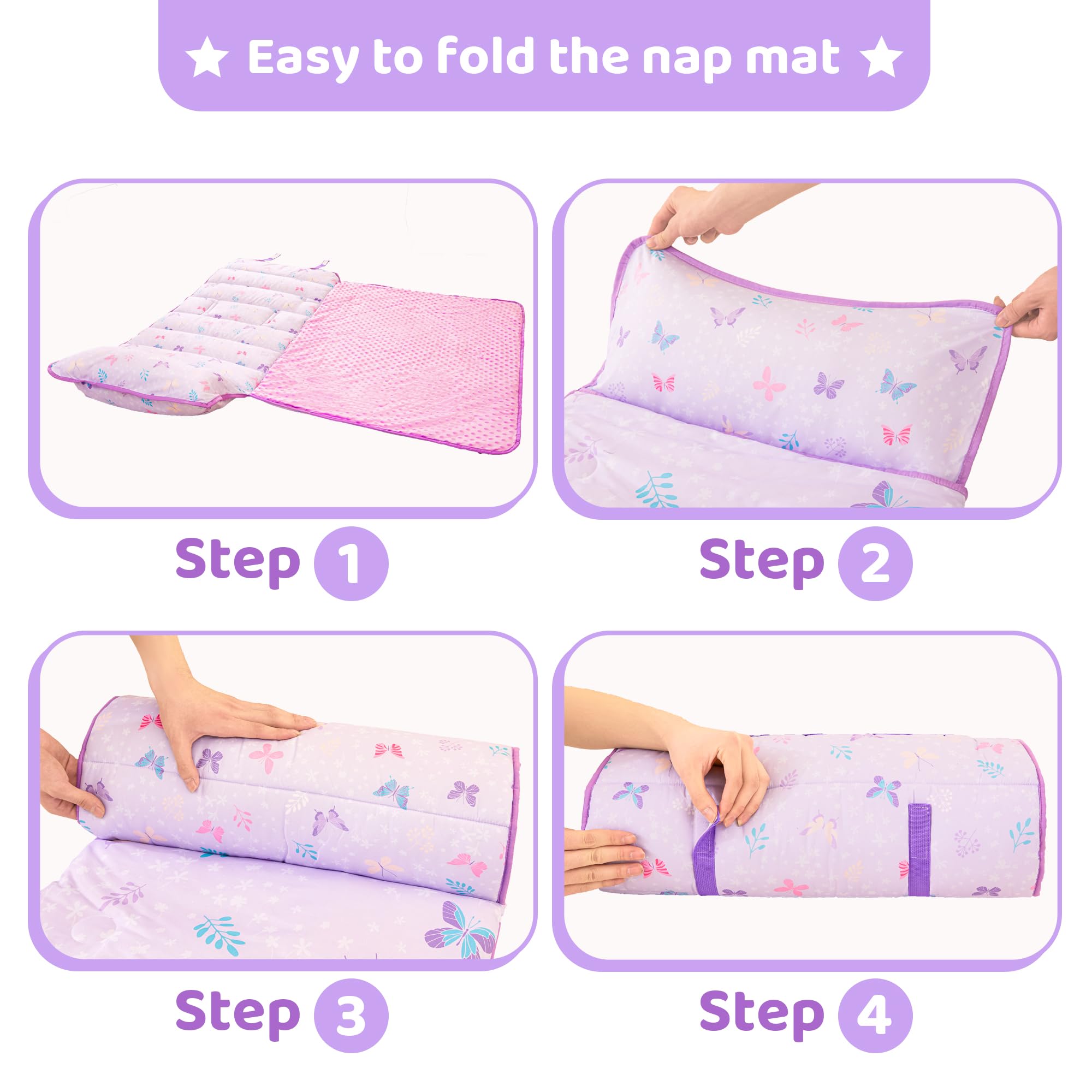 Viviland nap mat features hook-and-loop closures for easy rolling and transport.
