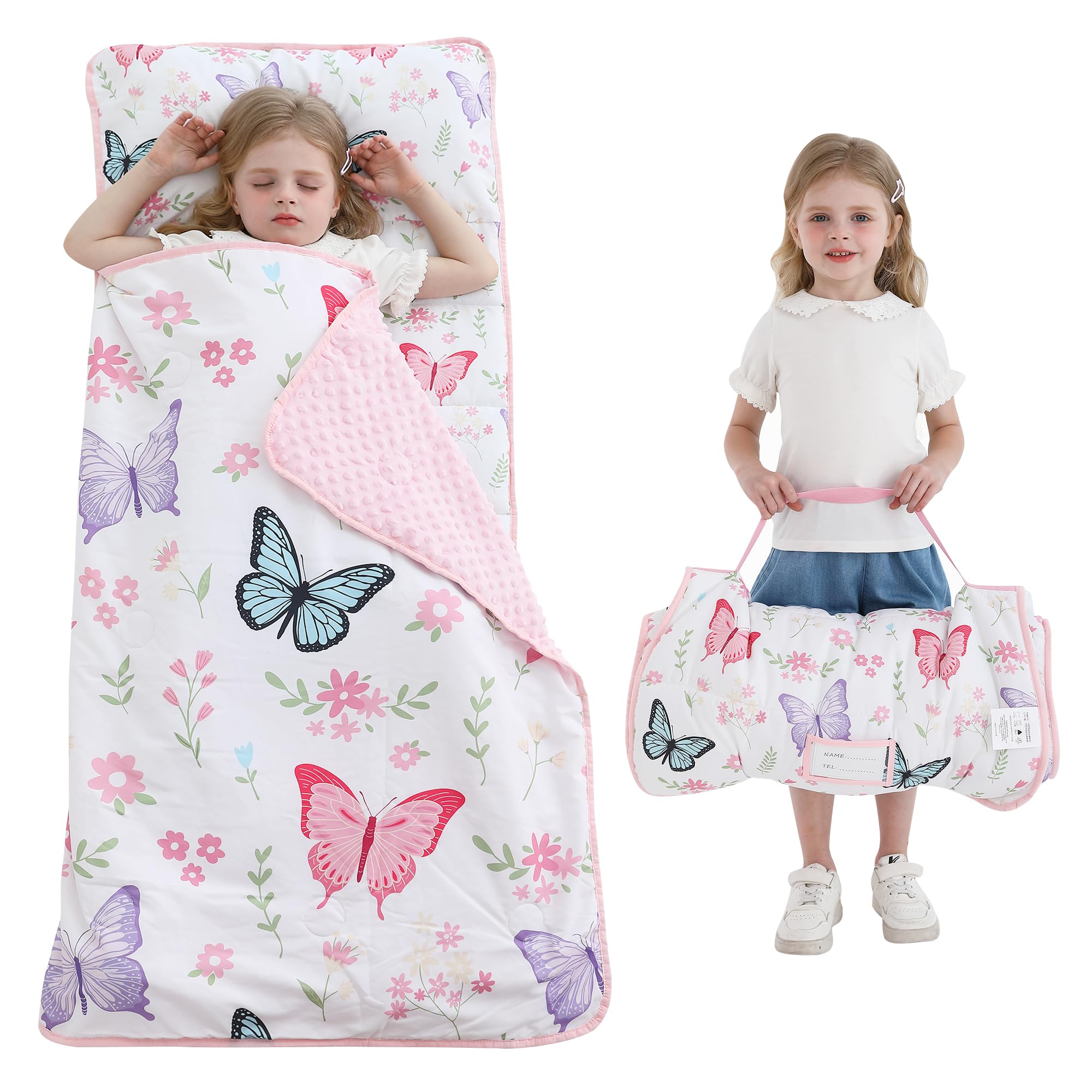 Viviland nap mat pink butterfly pattern with cozy sleeping surface for preschool naptime.