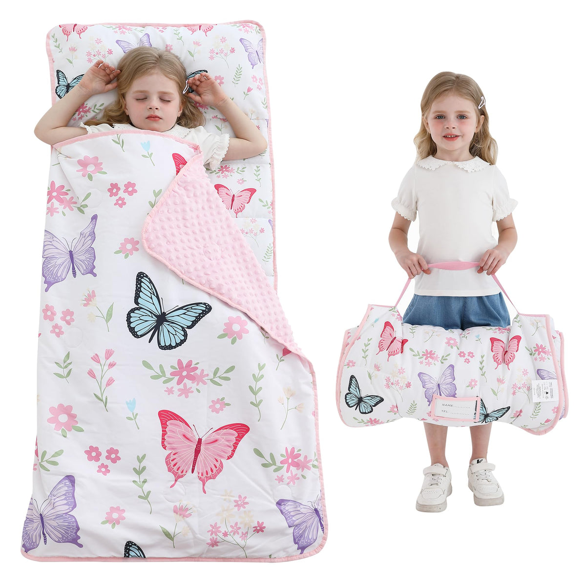 Viviland nap mat pink butterfly pattern with cozy sleeping surface for preschool naptime.