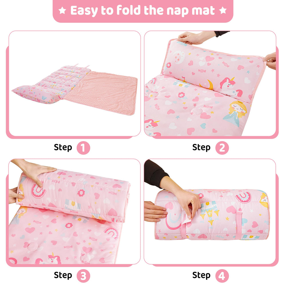 Viviland pink nap mat, 50x20 inches, with 41x32 blanket for ages 3-6.