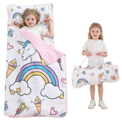 Viviland nap mat with white unicorn pattern provides cozy preschool rest visuals.