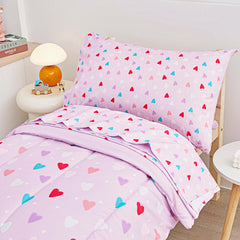 Viviland Purple Heart toddler bedding on bed set showing complete 4-piece pack