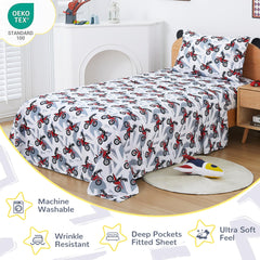 Viviland red motorcycle print on sheets sparks imaginative play and bedtime excitement.