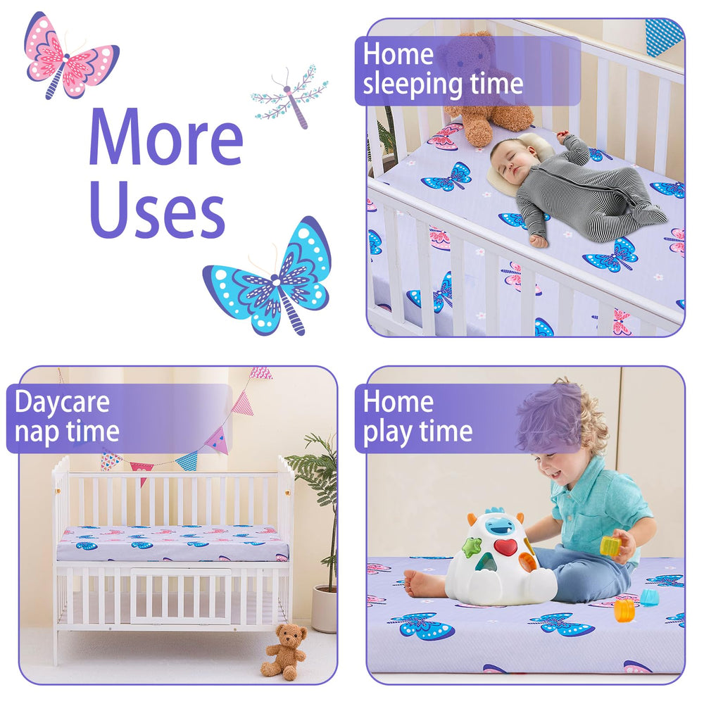 Viviland toddler-mattress-in-playard scene shows compact sleeping upgrade for travel.