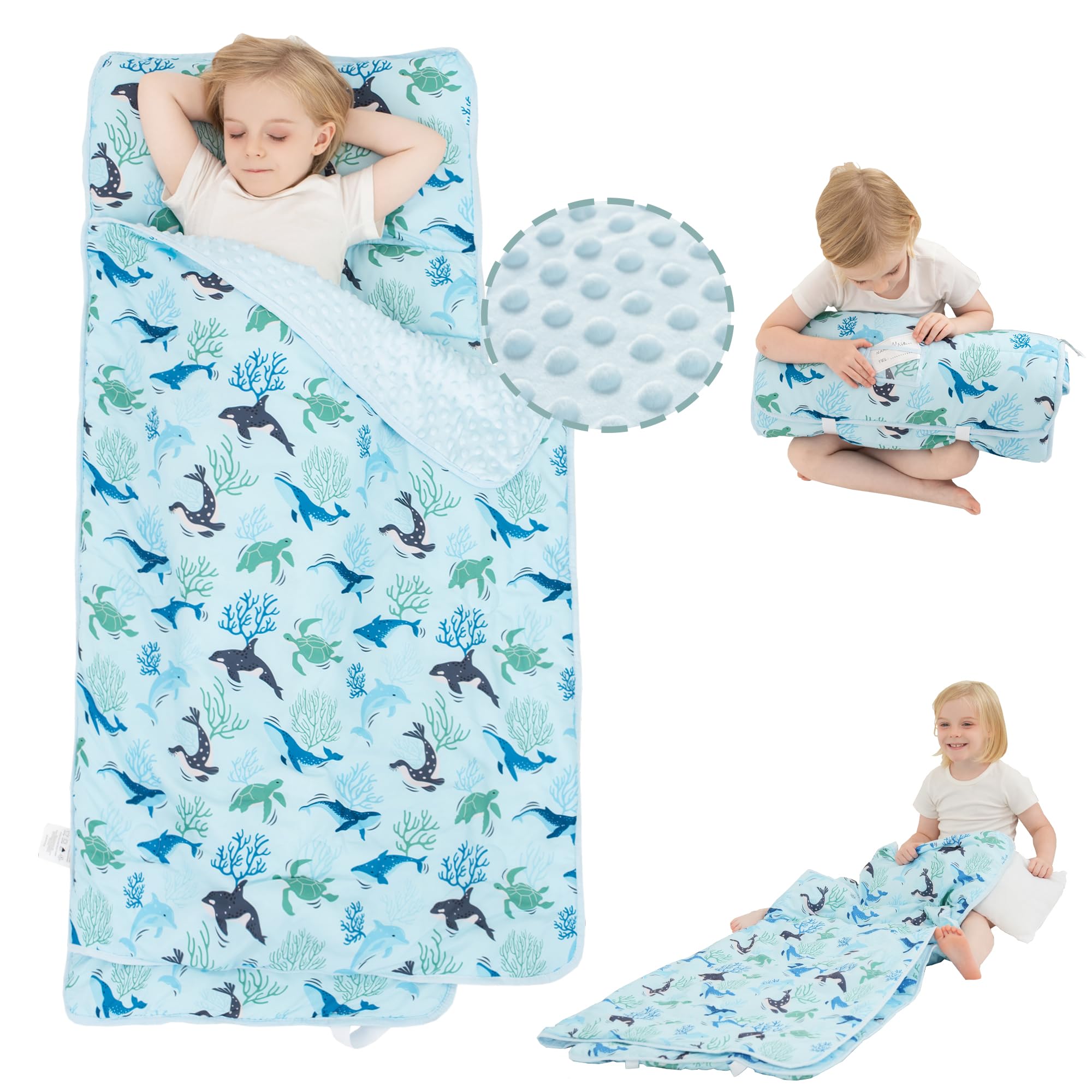 Viviland Toddler Nap Mat with pillow on blue ocean whales print enhances nap-time comfort.