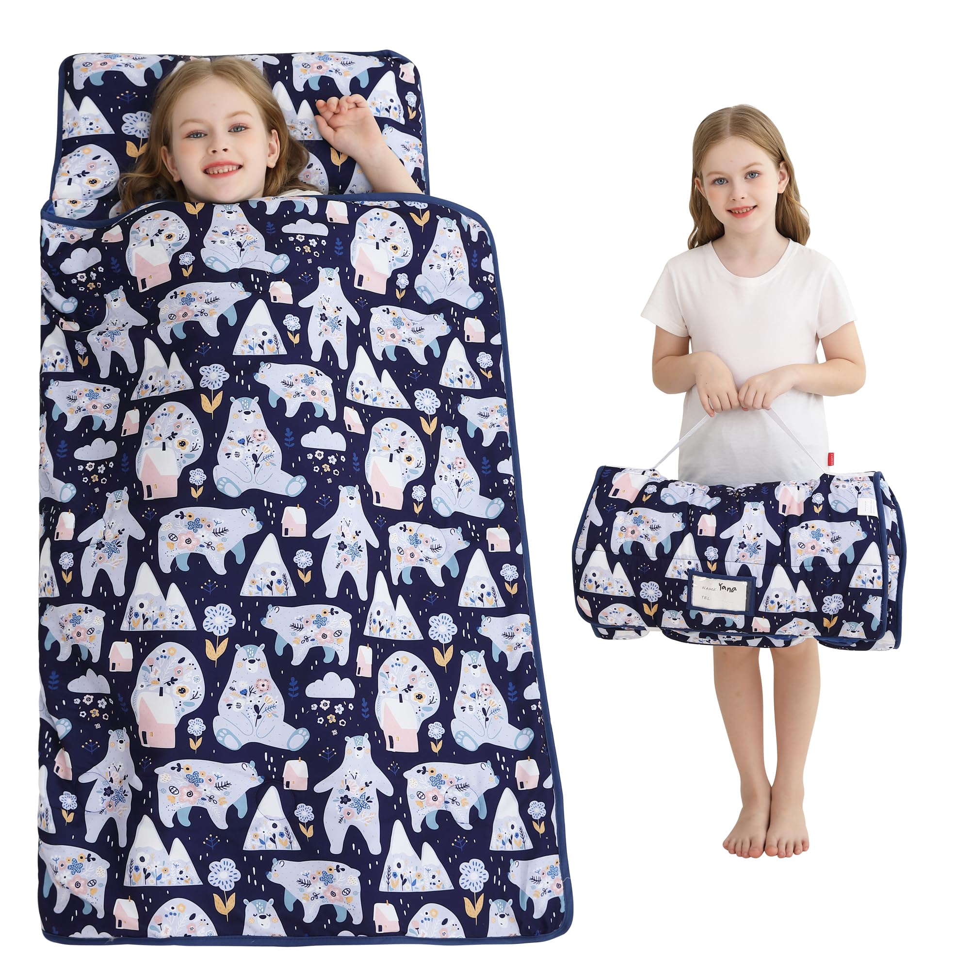 Viviland toddler nap mat folded for easy storage in a cabinet.
