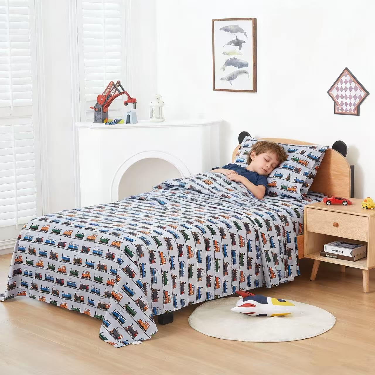 Viviland train-print fabric closeup reveals soft microfiber texture