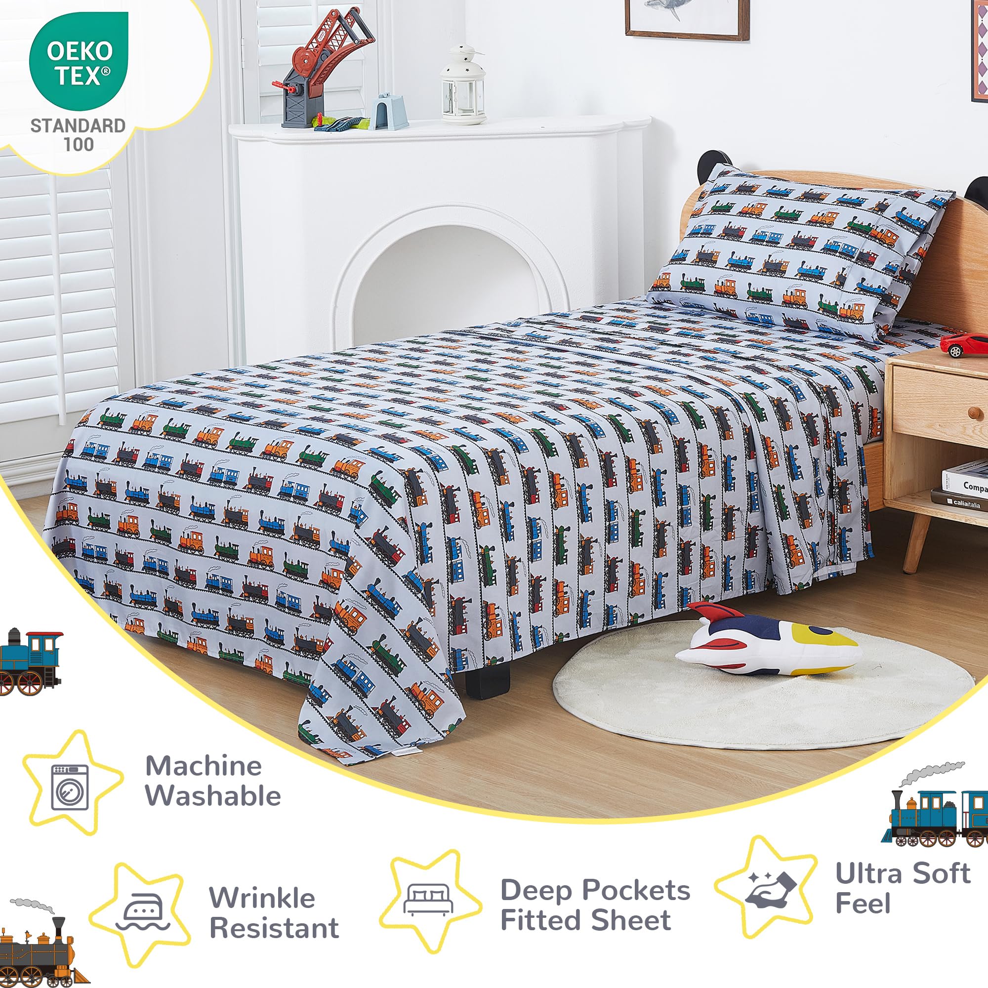 Viviland train-print fitted sheet with 14-inch pocket for secure fit