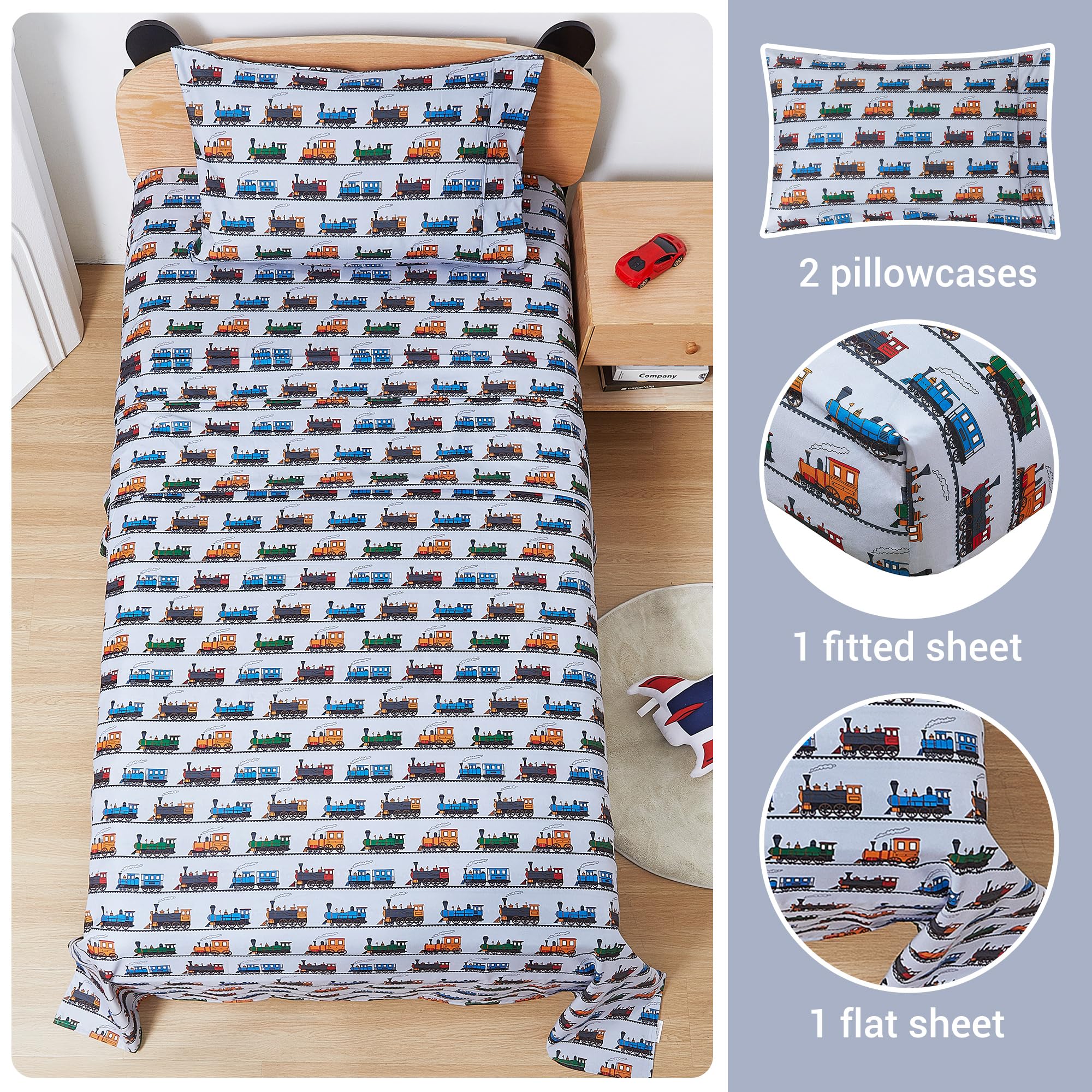 Viviland train-print flat sheet highlighting breathable fabric for comfort