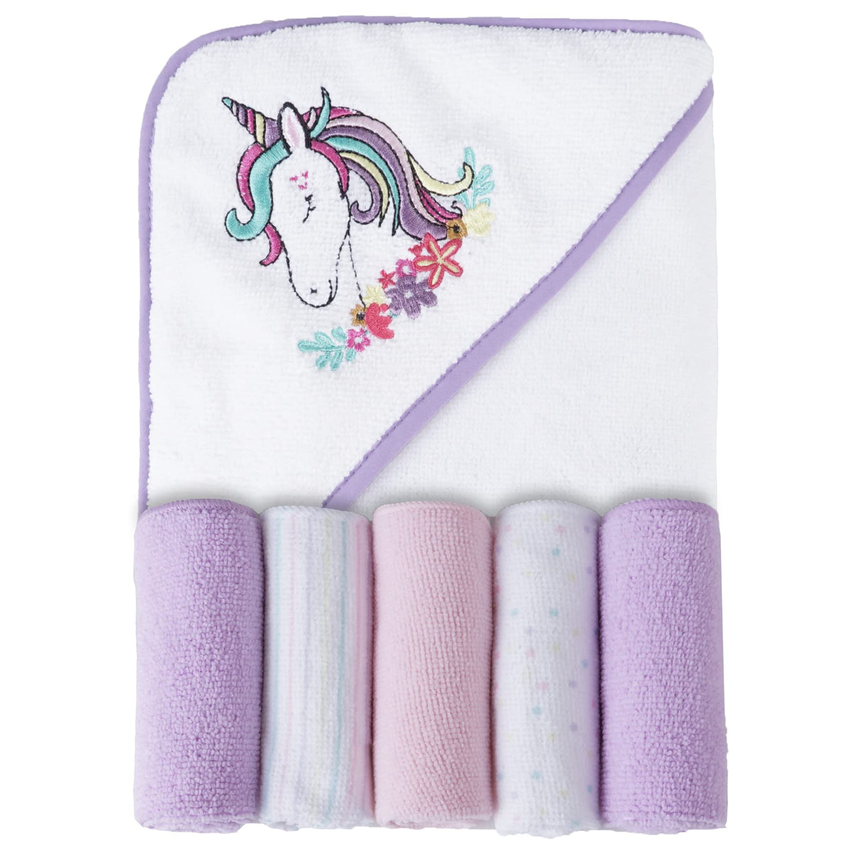Viviland unicorn hooded towel with purple embroidery for cozy baby bath time