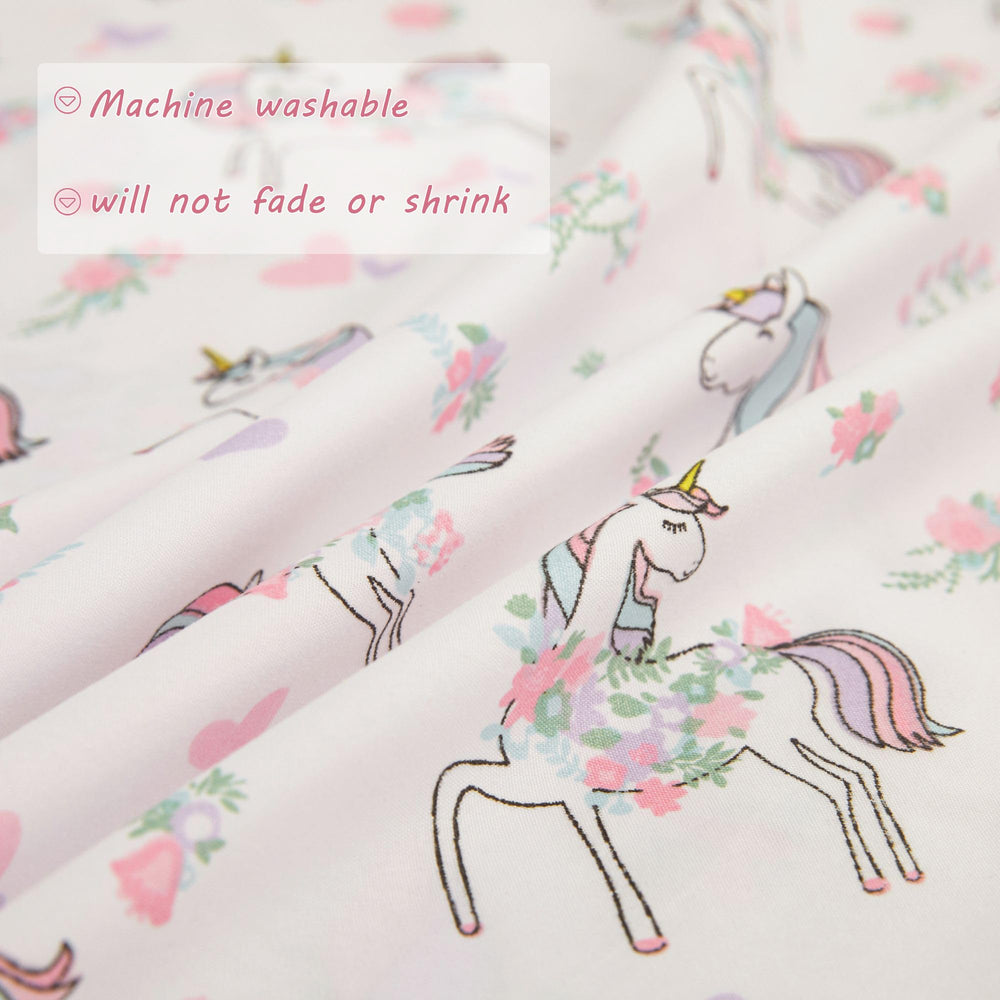 Viviland Unicorn comforter set sheet and pillowcase neatly arranged