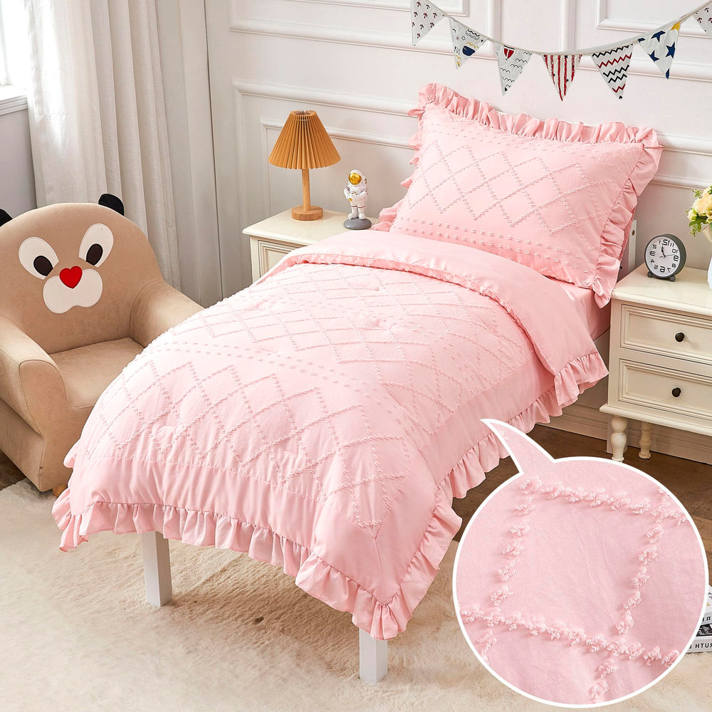 vivilinen toddler bedding pink tufted comforter close-up for cozy bedtime