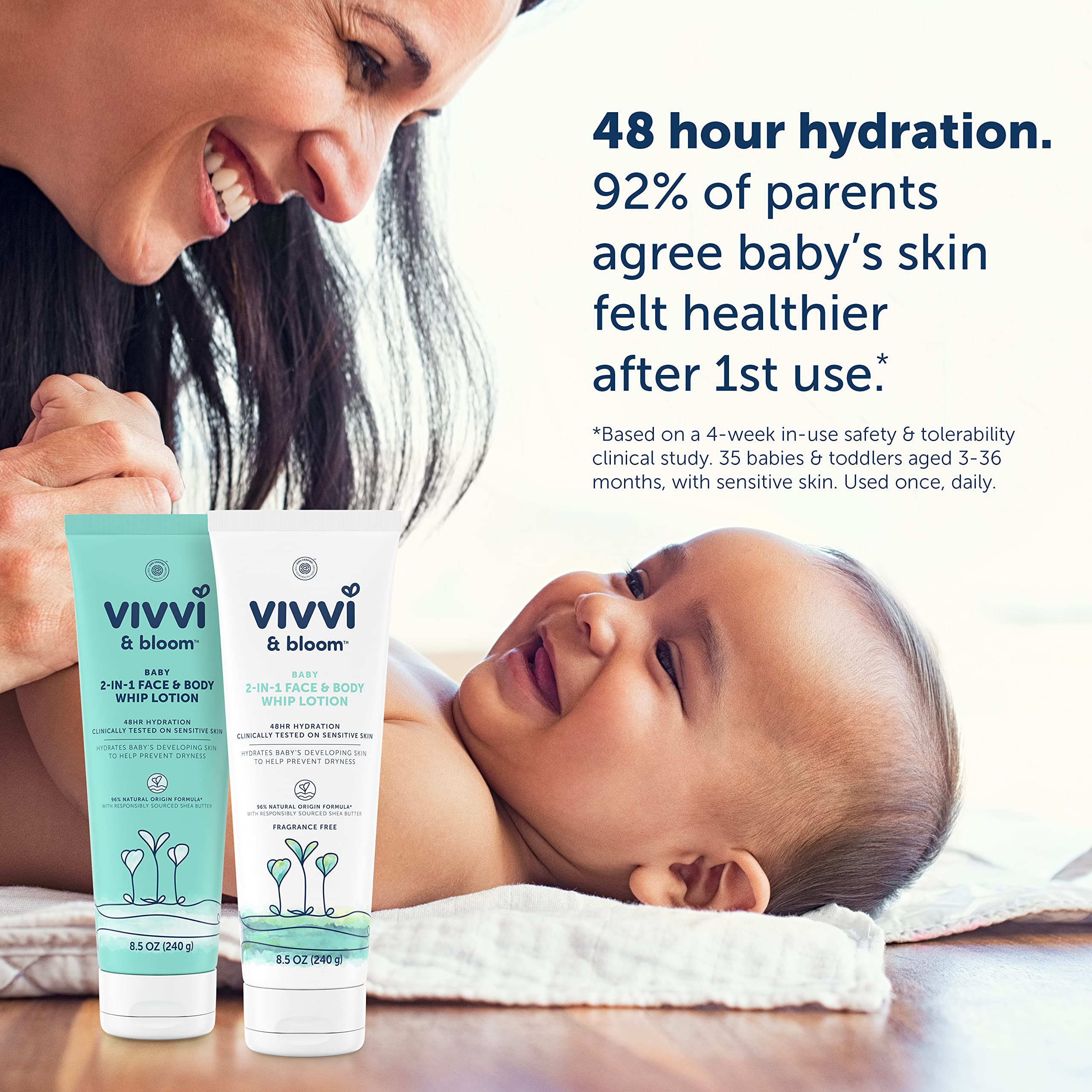8.5 oz Vivvi & Bloom baby lotion packaging on shelf for daily use