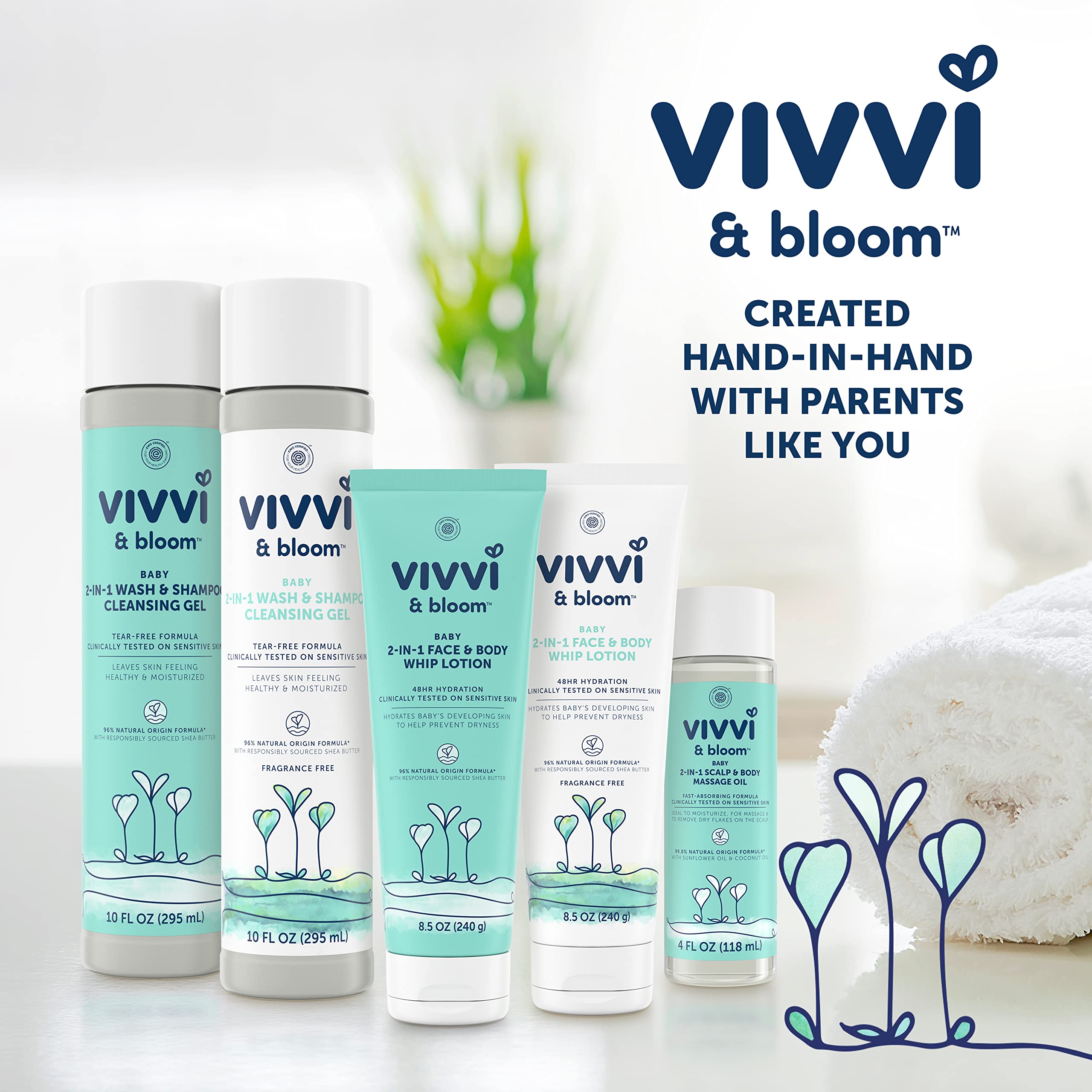 Vivvi & Bloom daily-use skin care routine with fragrance-free cleansing gel.