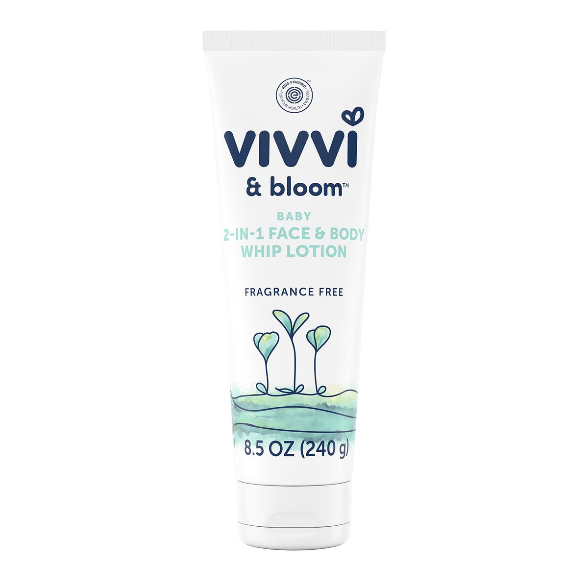 Vivvi & Bloom fragrance-free 2-in-1 baby lotion bottle shows gentle hydration for sensitive skin