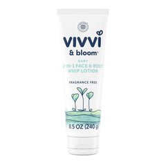 Vivvi & Bloom fragrance-free 2-in-1 baby lotion bottle shows gentle hydration for sensitive skin