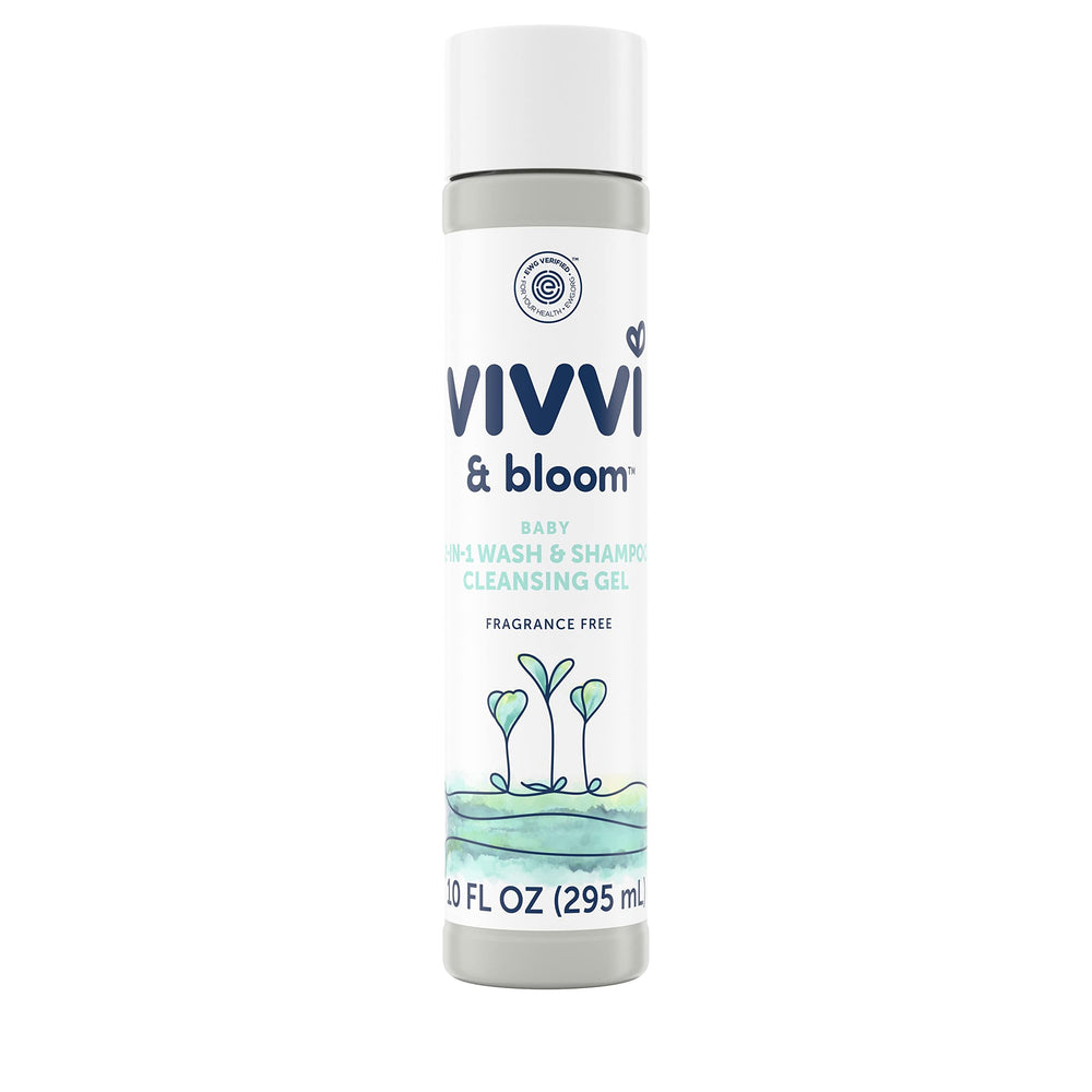 Vivvi & Bloom fragrance-free 2-in-1 baby wash bottle demonstrates tear-free cleansing for sensitive skin.