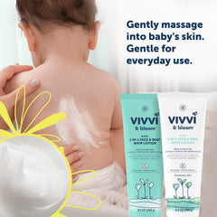 Vivvi & Bloom lotion being massaged into baby's skin for quick absorption