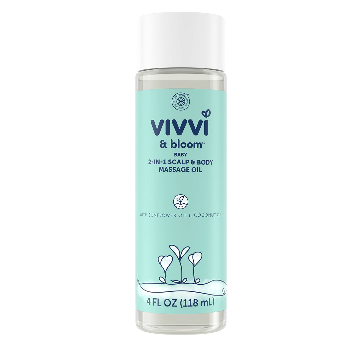 Vivvi & Bloom Gentle 2-in-1 oil bottle shows fast absorbing hydration for soft baby skin.
