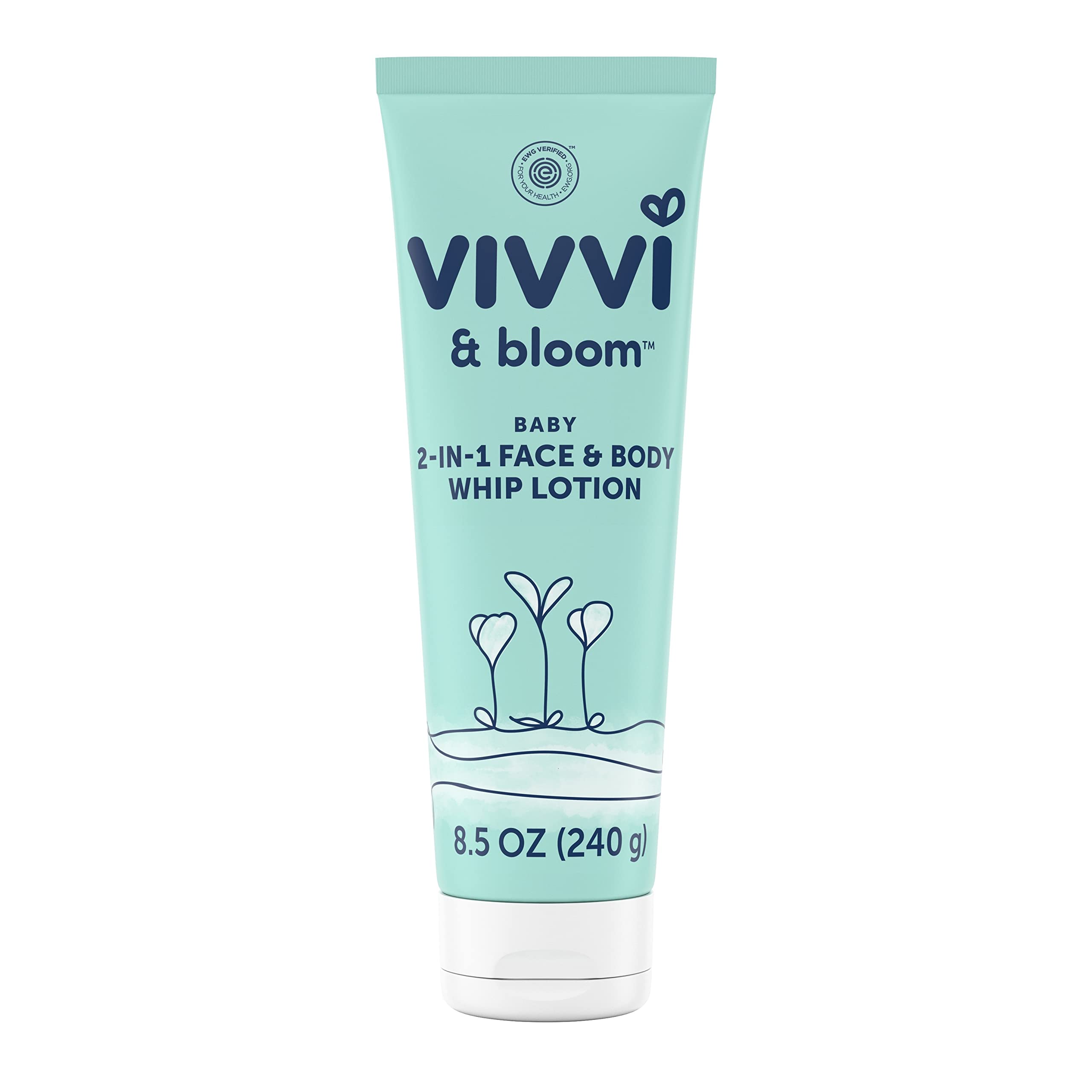 Vivvi & Bloom gentle 2-in-1 lotion bottle showcasing lasting baby hydration