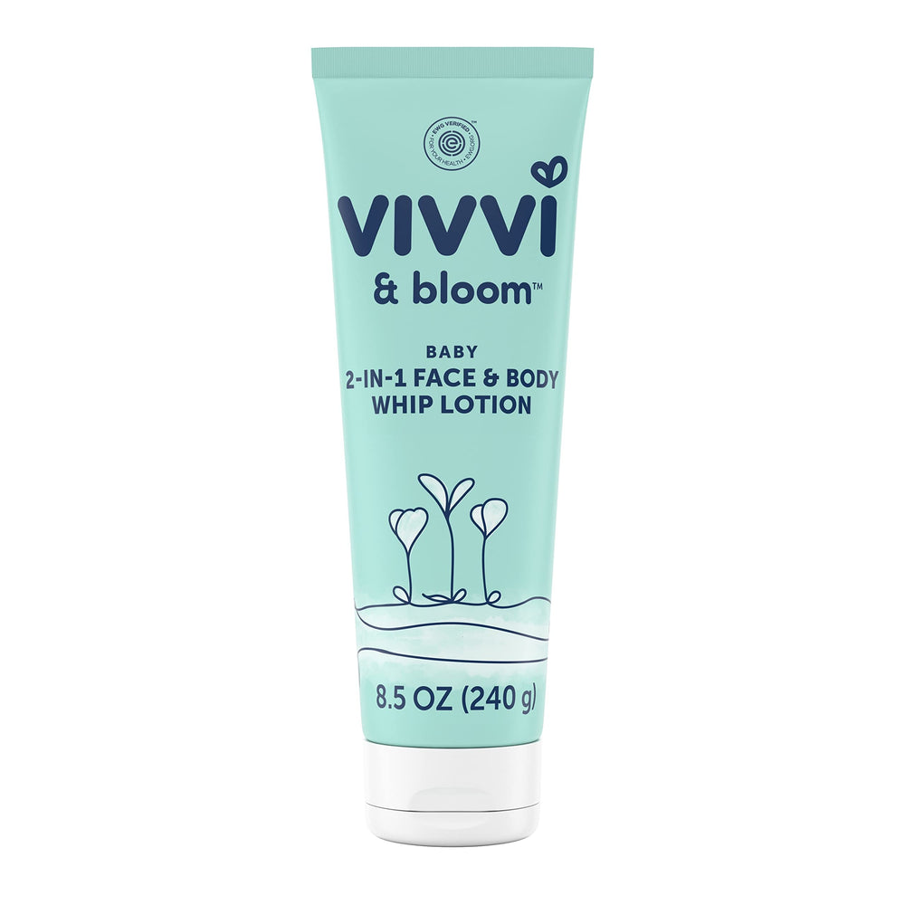 Vivvi & Bloom gentle 2-in-1 lotion bottle showcasing lasting baby hydration