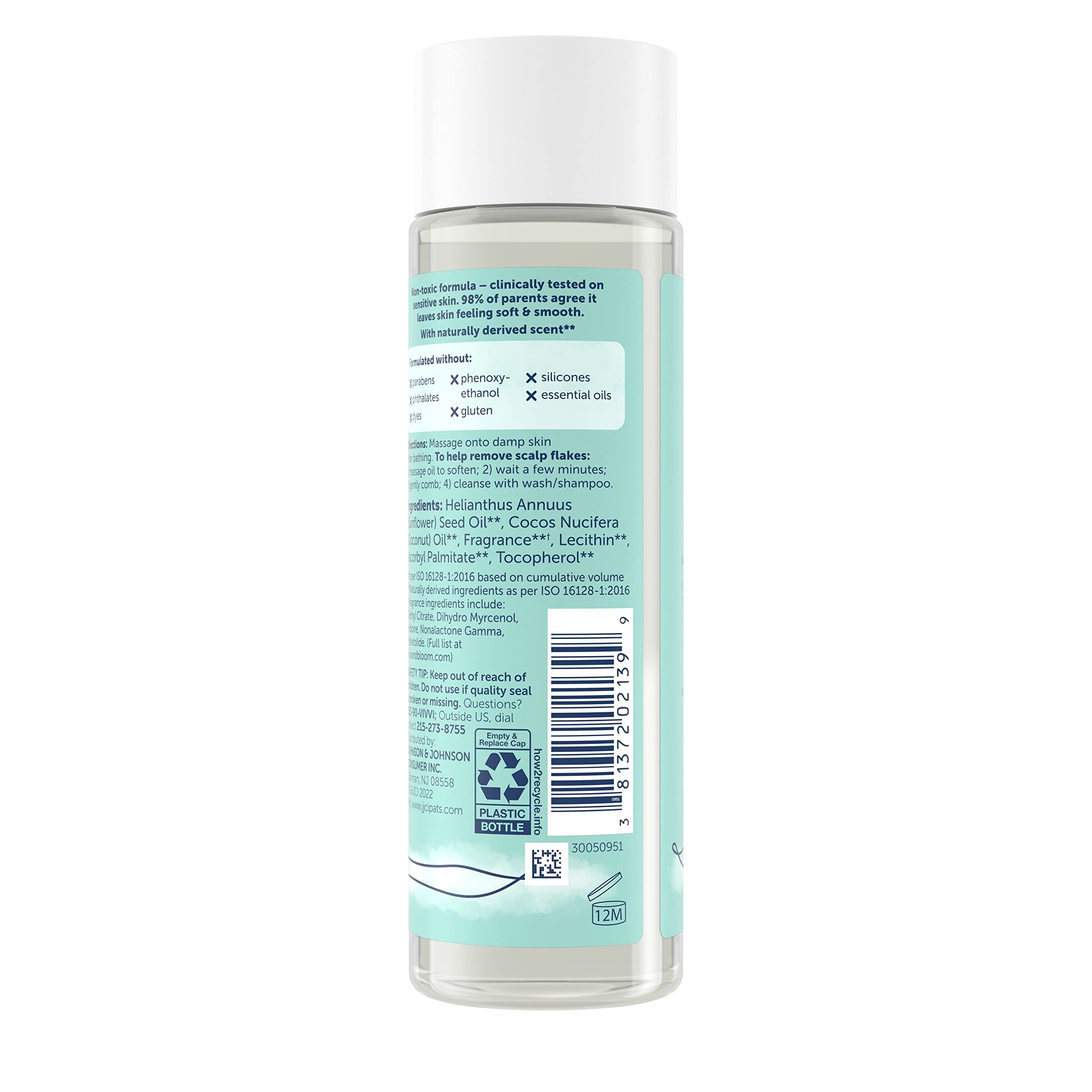 Vivvi & Bloom hypoallergenic vegan baby oil communicates safe daily use.
