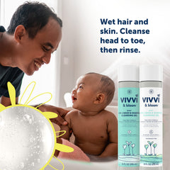 Vivvi & Bloom tear-free formula label closeup highlights gentle daily cleansing.